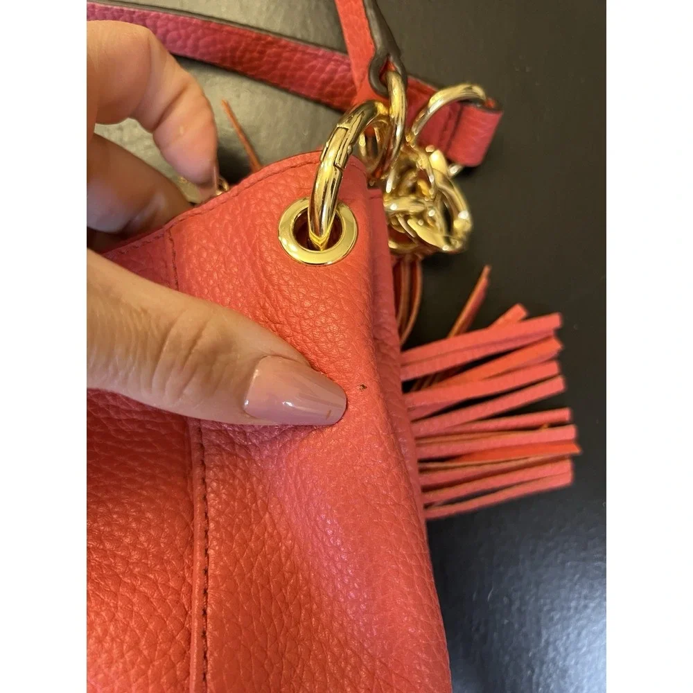 Michael Kors NWT Watermelon Coral Leather Tassle Charm Shoulder Handbag As Is